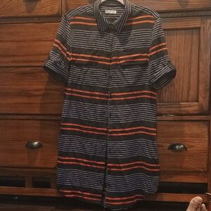 Silk Equipment Navy and Orange Striped Short-Sleeve Shirt Dress